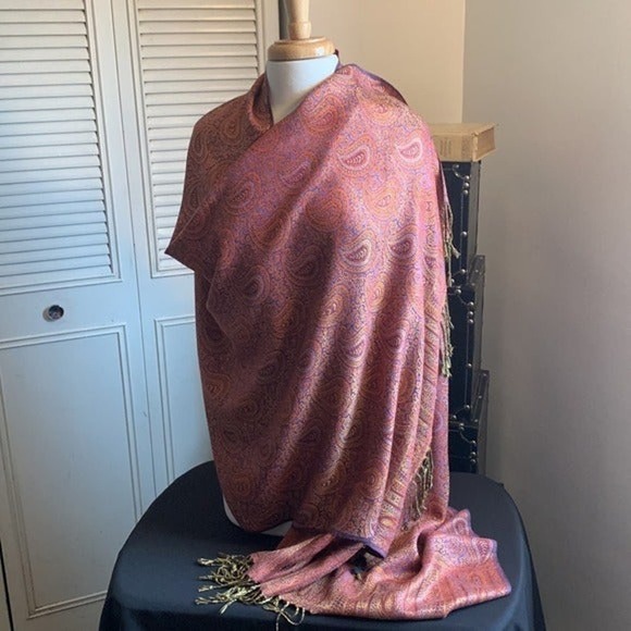 Orange Paisley Pashmina Scarf. Orange Multicolor Gold Fringe Paisley Pashmina - Picture 1 of 11